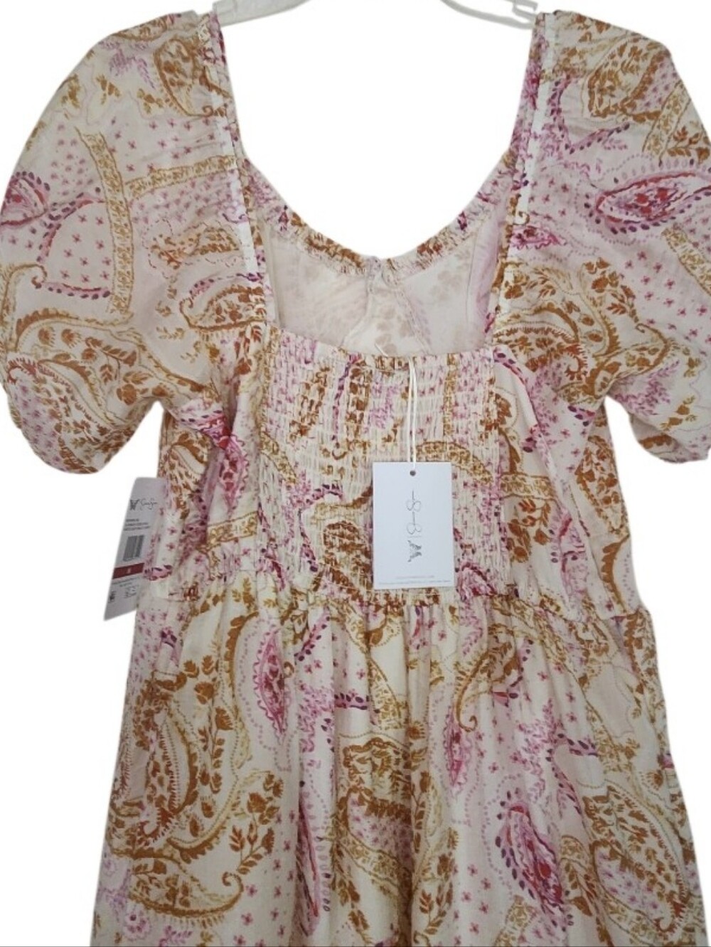 Boho Paisley Puff-Sleeve Maxi Dress in Cream and Pink Sz Med Nwt - Picture 4 of 5